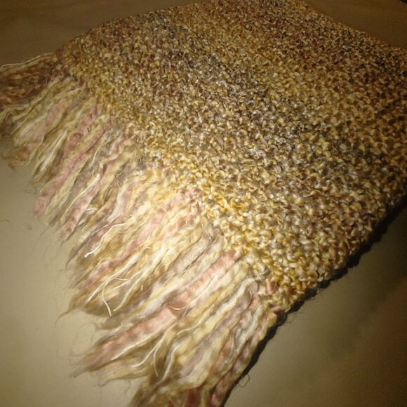 Handwoven Scarf Throw Pastel Textured Fringe  60 by 54 Tan Grey Mauve Multicolor - Picture 9 of 13